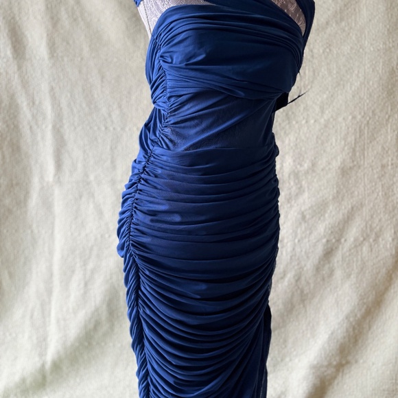 Abercrombie blue mesh asymmetrical ruched midi dress L - Picture 4 of 6